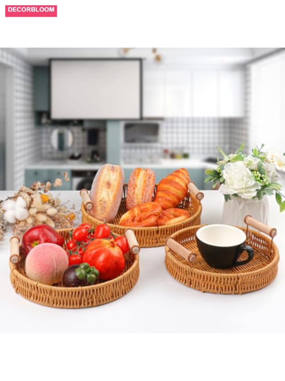 3 Pack Round Rattan Serving Trays with Handles Woven Baskets for Home - Picture 4 of 6